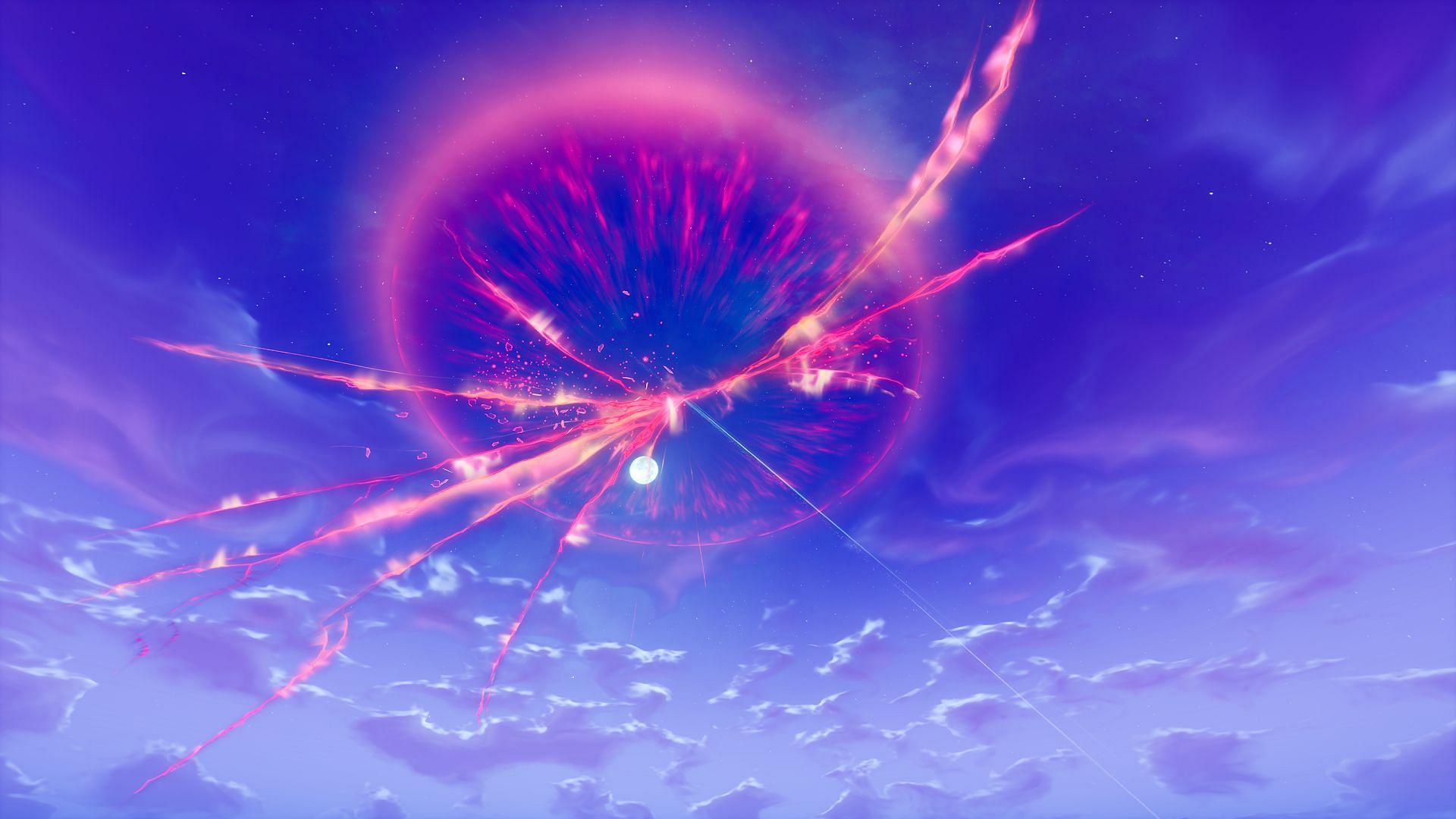 The rocket hits the sky, creating a red sideways rift in conclusion of the Fortnite OG Season 4 live event (Image via Sportskeeda Gaming || Epic Games)
